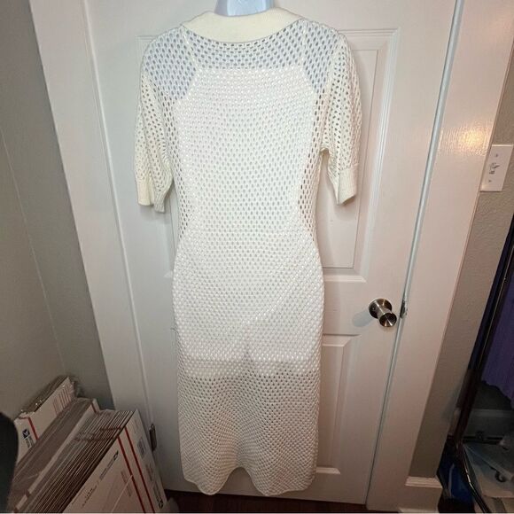 Steve Madden Short Sleeve Open Crochet Knit Midi Dress Ivory White M - Picture 7 of 11
